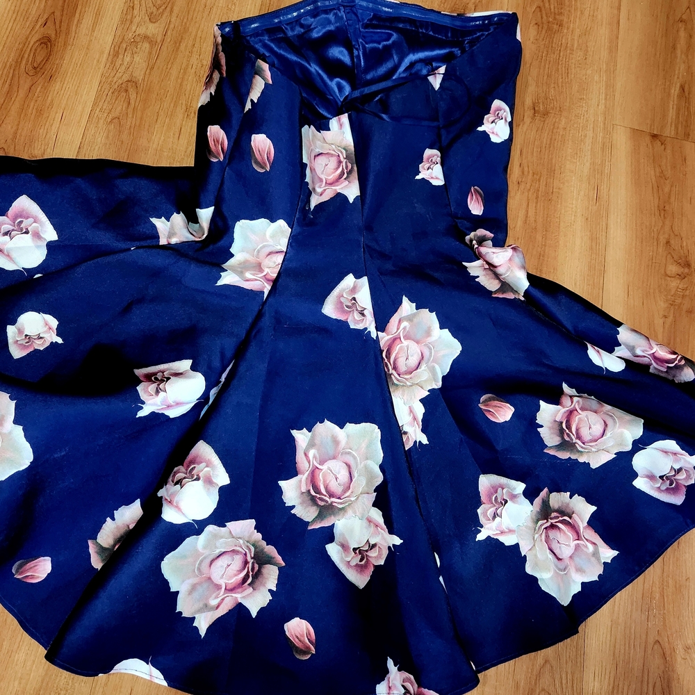 Terani Couture Blue Pink Midi Strapless Cocktail Dress